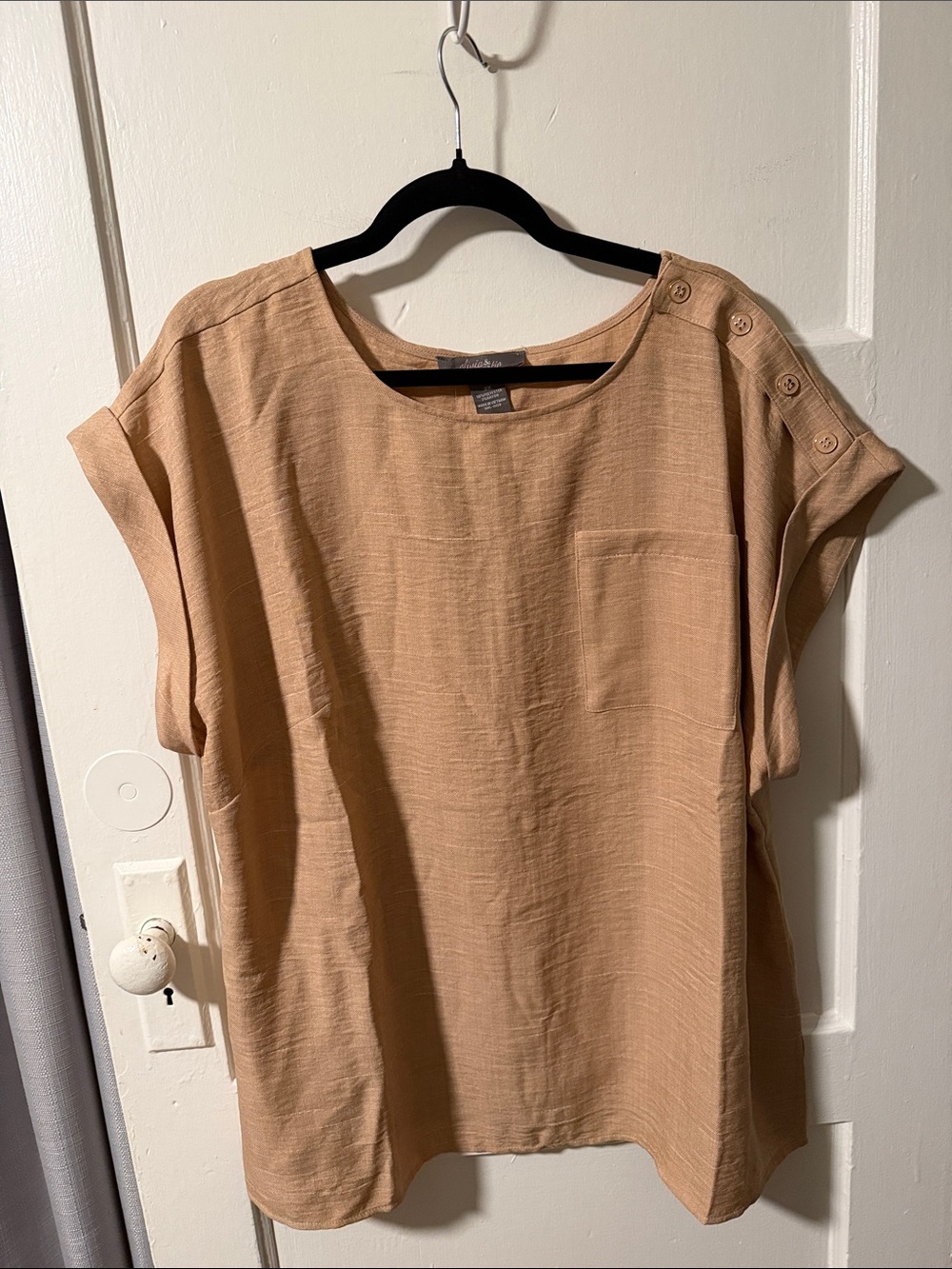 Button-Shoulder Relaxed Blouse Tan Plus Size 2X